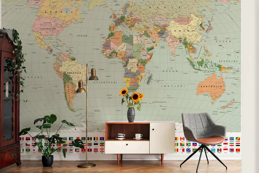 wall murals A Color Political Map of the World with Flags in Polish c00004plv1