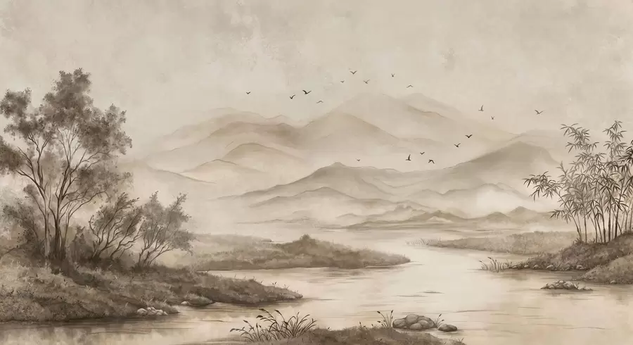 wall murals Misty mountain landscape with river and birds w05535