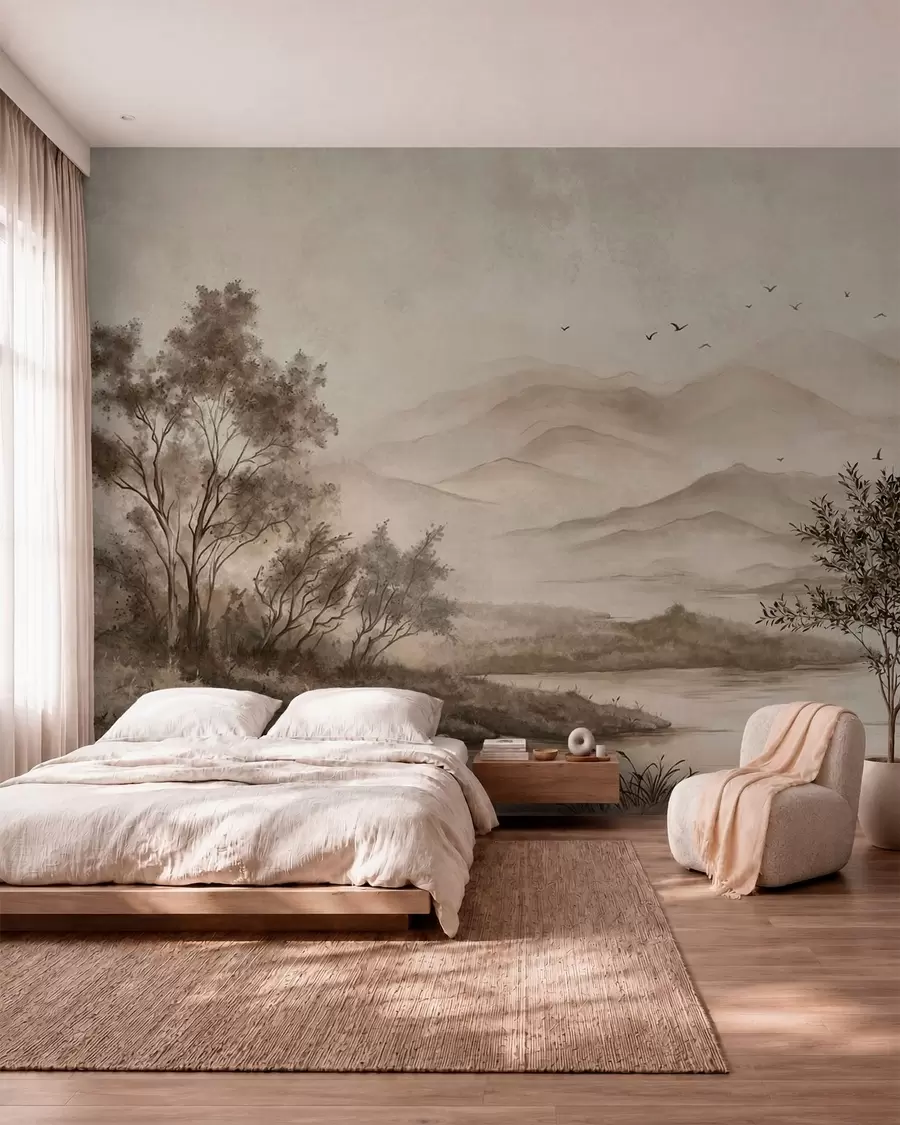 wall murals Misty mountain landscape with river and birds w05535