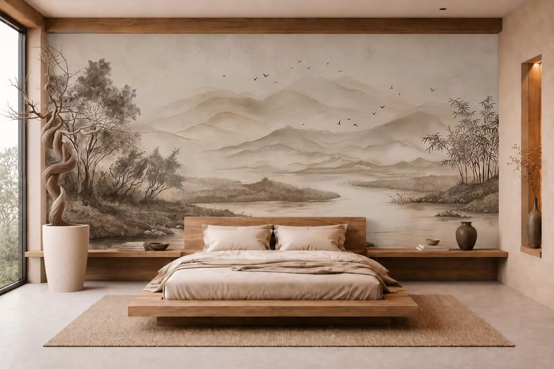 wall murals Misty mountain landscape with river and birds w05535