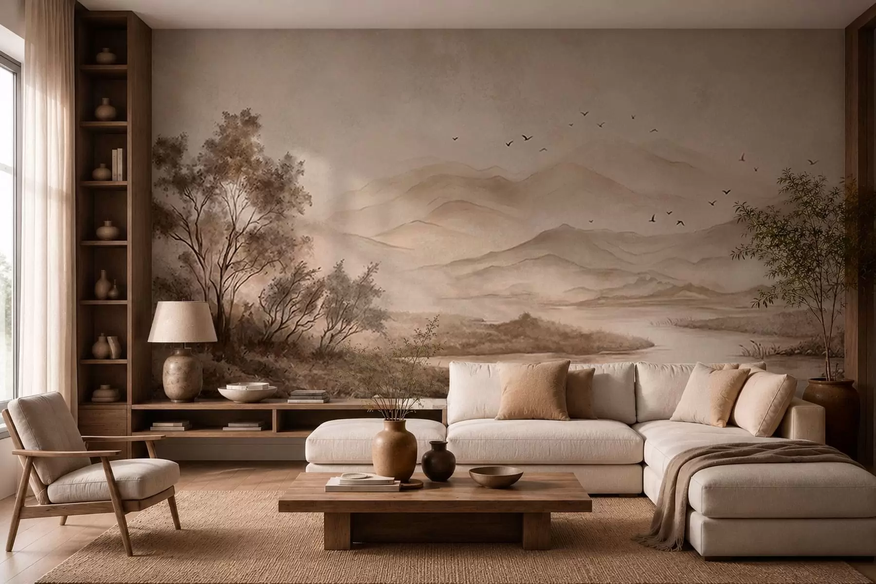 wall murals Misty mountain landscape with river and birds w05535