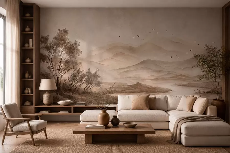 wall murals Misty mountain landscape with river and birds w05535