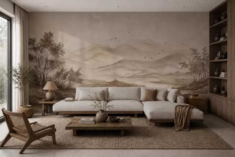 wall murals Misty mountain landscape with river and birds w05535