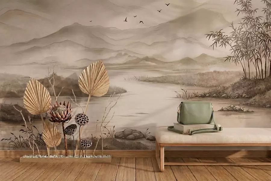 wall murals Misty mountain landscape with river and birds w05535