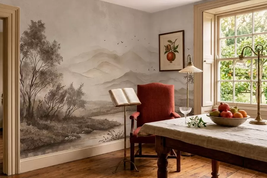 wall murals Misty mountain landscape with river and birds w05535