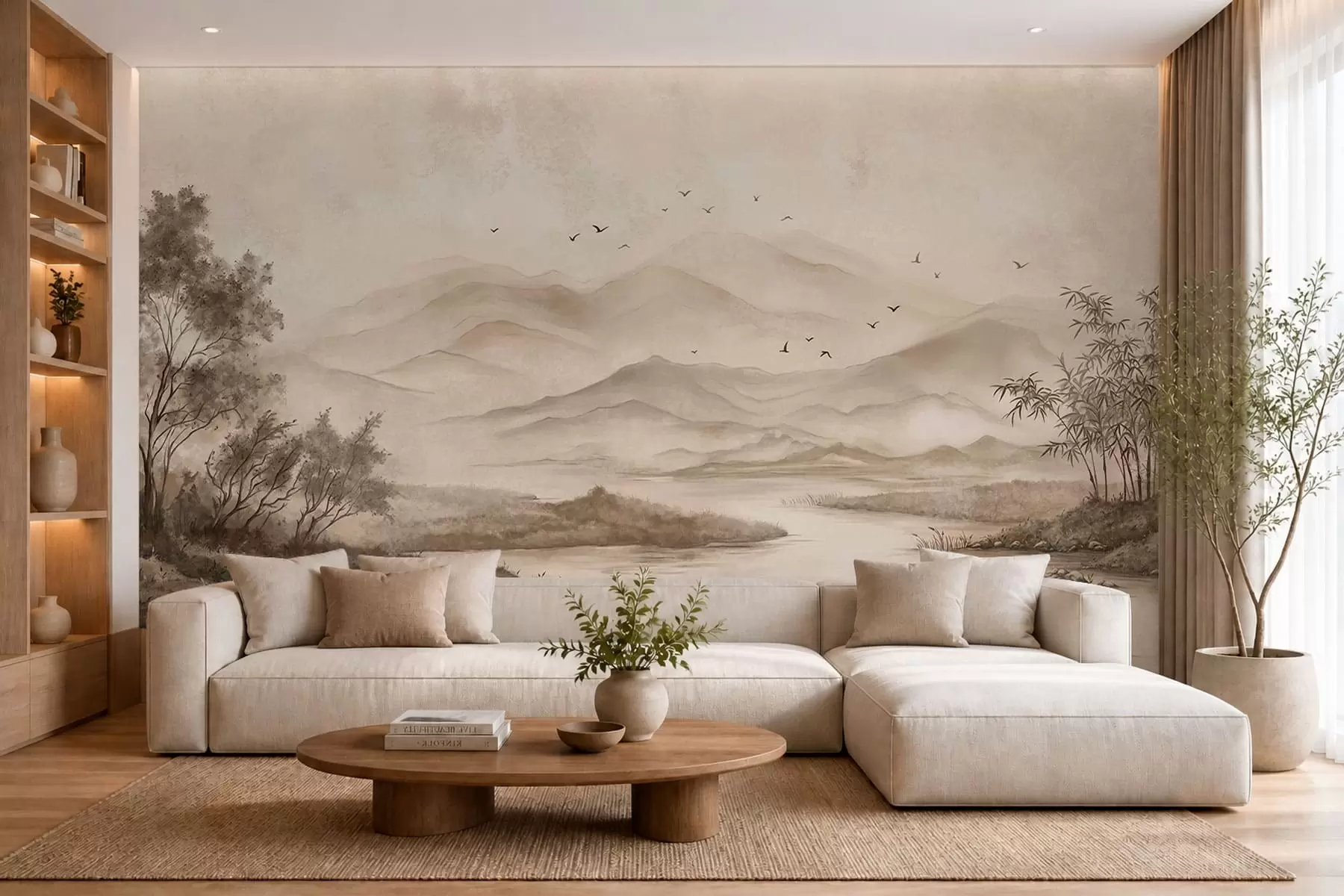 wall murals Misty mountain landscape with river and birds w05535