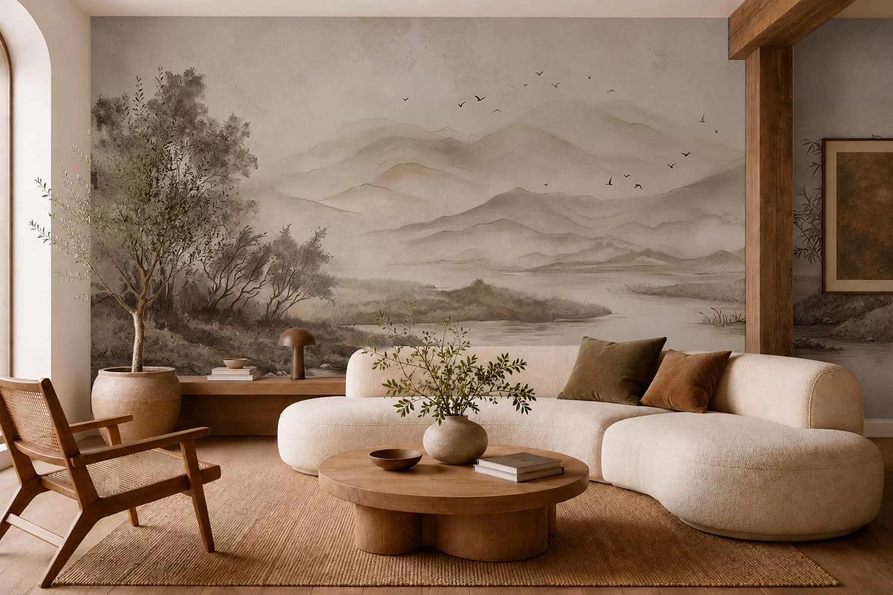 wall murals Misty mountain landscape with river and birds w05535