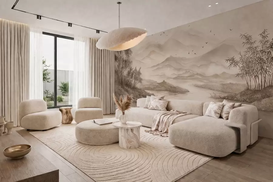 wall murals Calm landscape with river and distant mountains w05535v1
