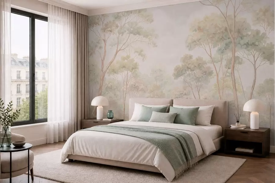 wall murals Light forest scene with tall trees w05624