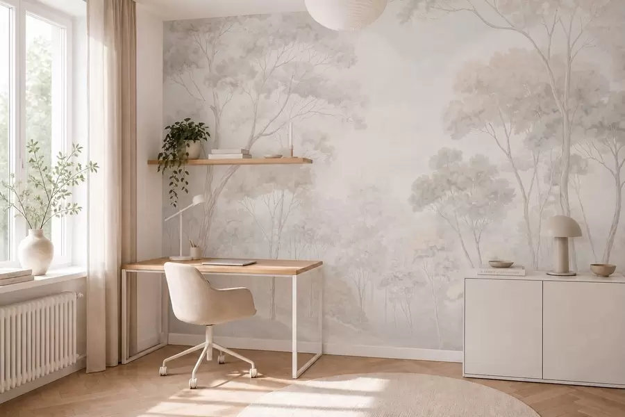 wall murals Soft misty forest in pastel tones w05624v1