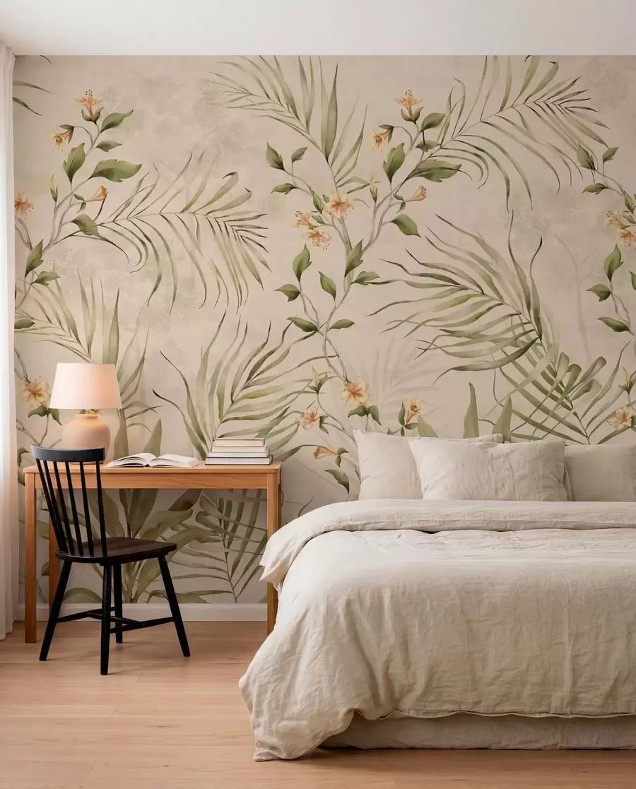 wall murals Tropical leaves and soft flowers on beige background w05625