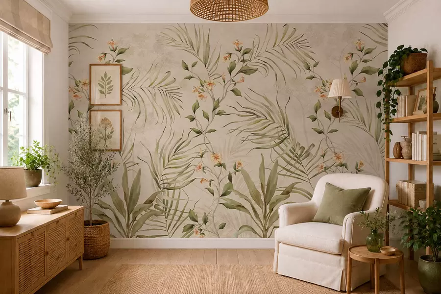 wall murals Tropical leaves and soft flowers on beige background w05625
