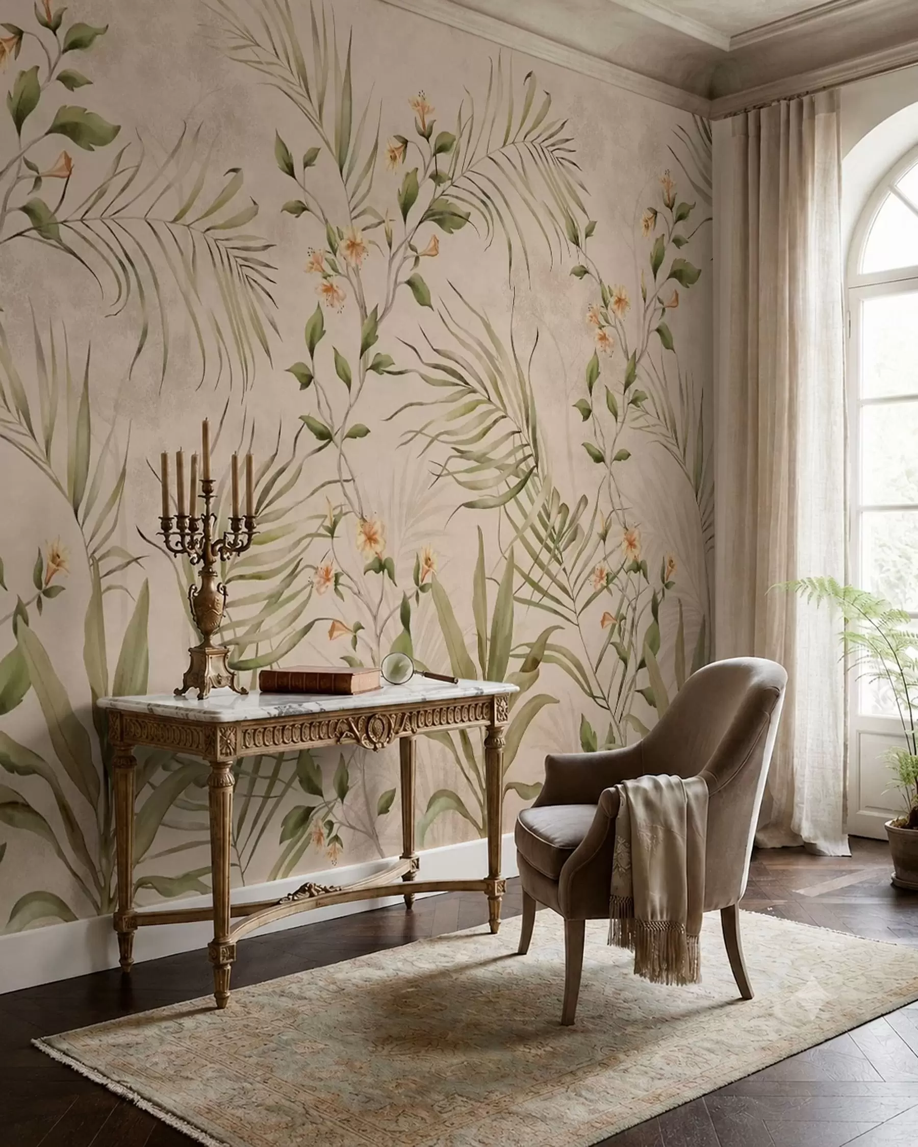 wall murals Tropical leaves and soft flowers on beige background w05625