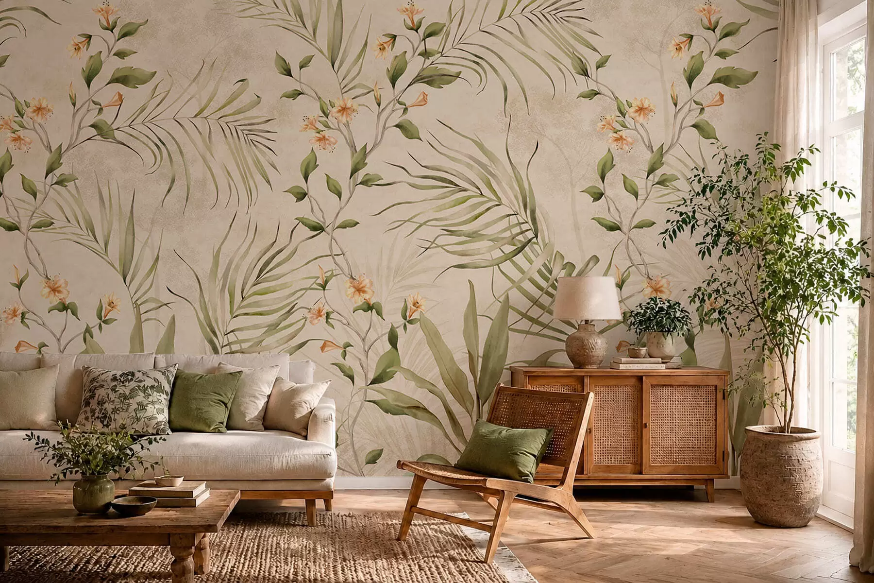 wall murals Tropical leaves and soft flowers on beige background w05625