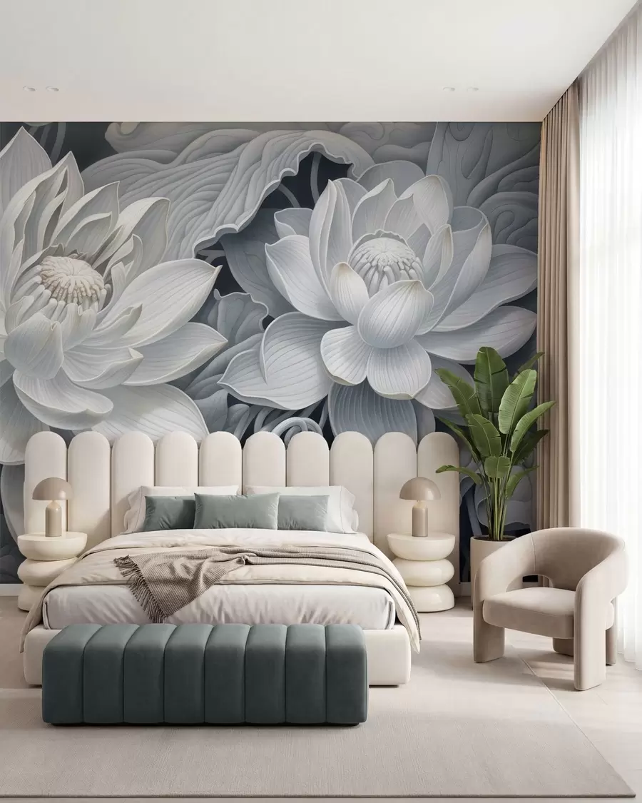 wall murals Vintage lotus flowers with soft sepia tones and detailed petals, artistic botanical illustration w05494