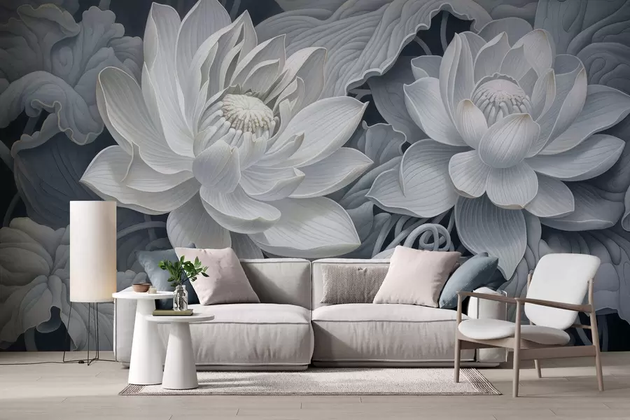 wall murals Vintage lotus flowers with soft sepia tones and detailed petals, artistic botanical illustration w05494