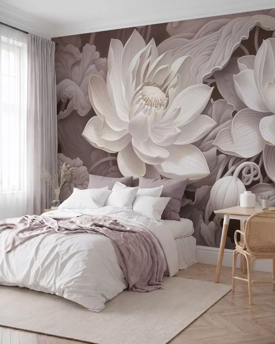 wall murals Vintage lotus flowers with soft sepia tones and detailed petals, artistic botanical illustration w05494v1