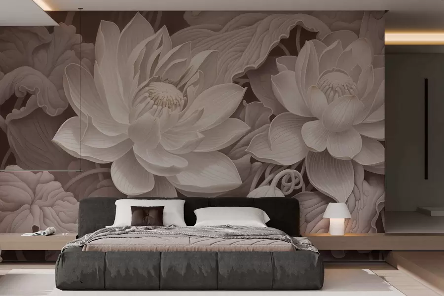 wall murals Vintage lotus flowers with soft sepia tones and detailed petals, artistic botanical illustration w05494v1