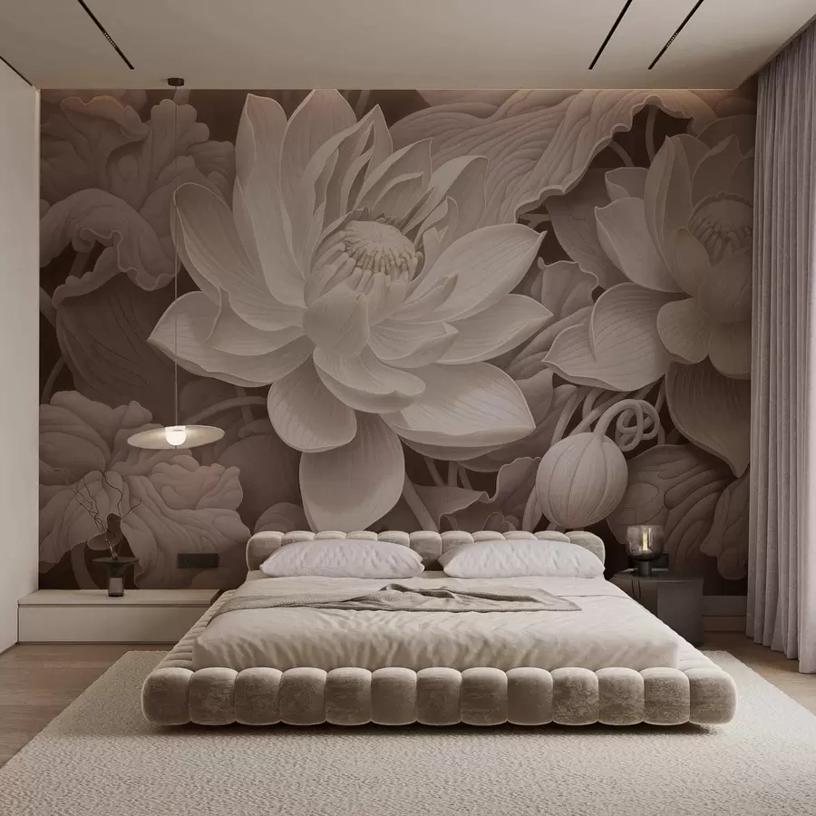 wall murals Vintage lotus flowers with soft sepia tones and detailed petals, artistic botanical illustration w05494v1
