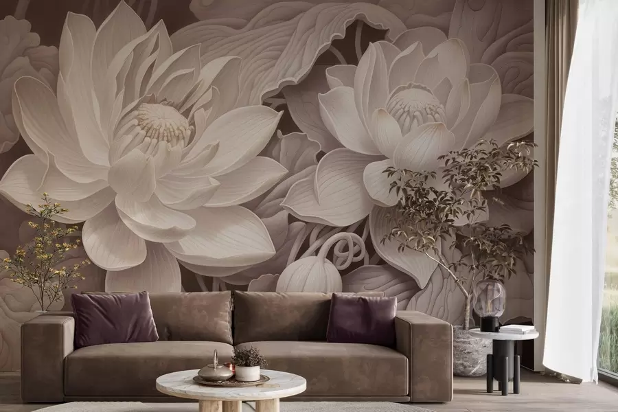 wall murals Vintage lotus flowers with soft sepia tones and detailed petals, artistic botanical illustration w05494v1