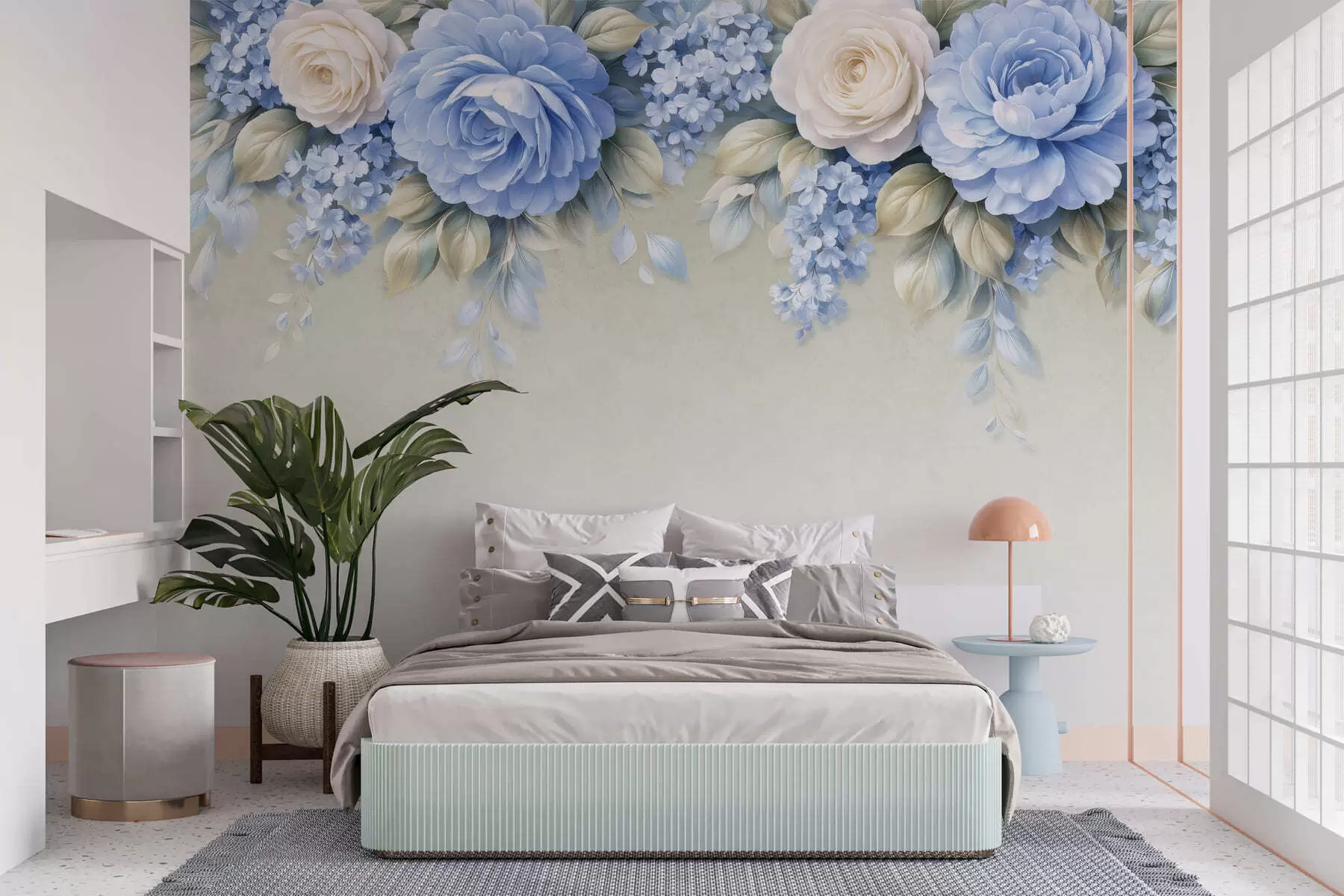 wall murals Delicate roses and floral clusters in a porcelain-inspired botanical composition with soft layered petals and elegant flowing leaves w05495