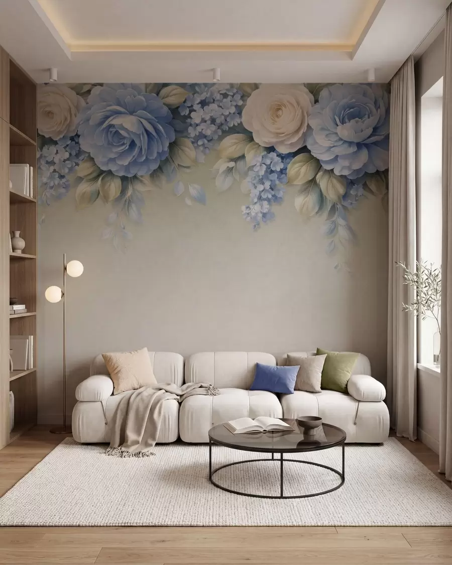 wall murals Delicate roses and floral clusters in a porcelain-inspired botanical composition with soft layered petals and elegant flowing leaves w05495