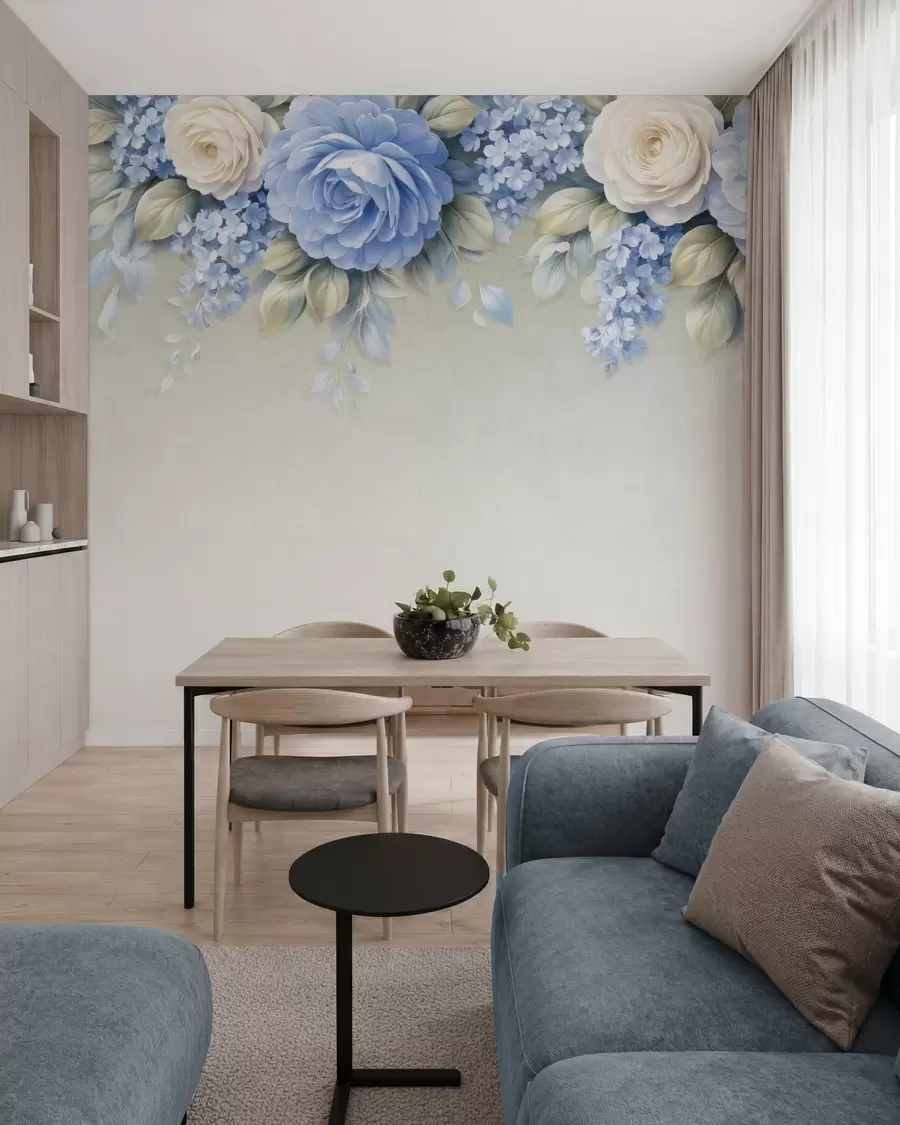 wall murals Delicate roses and floral clusters in a porcelain-inspired botanical composition with soft layered petals and elegant flowing leaves w05495