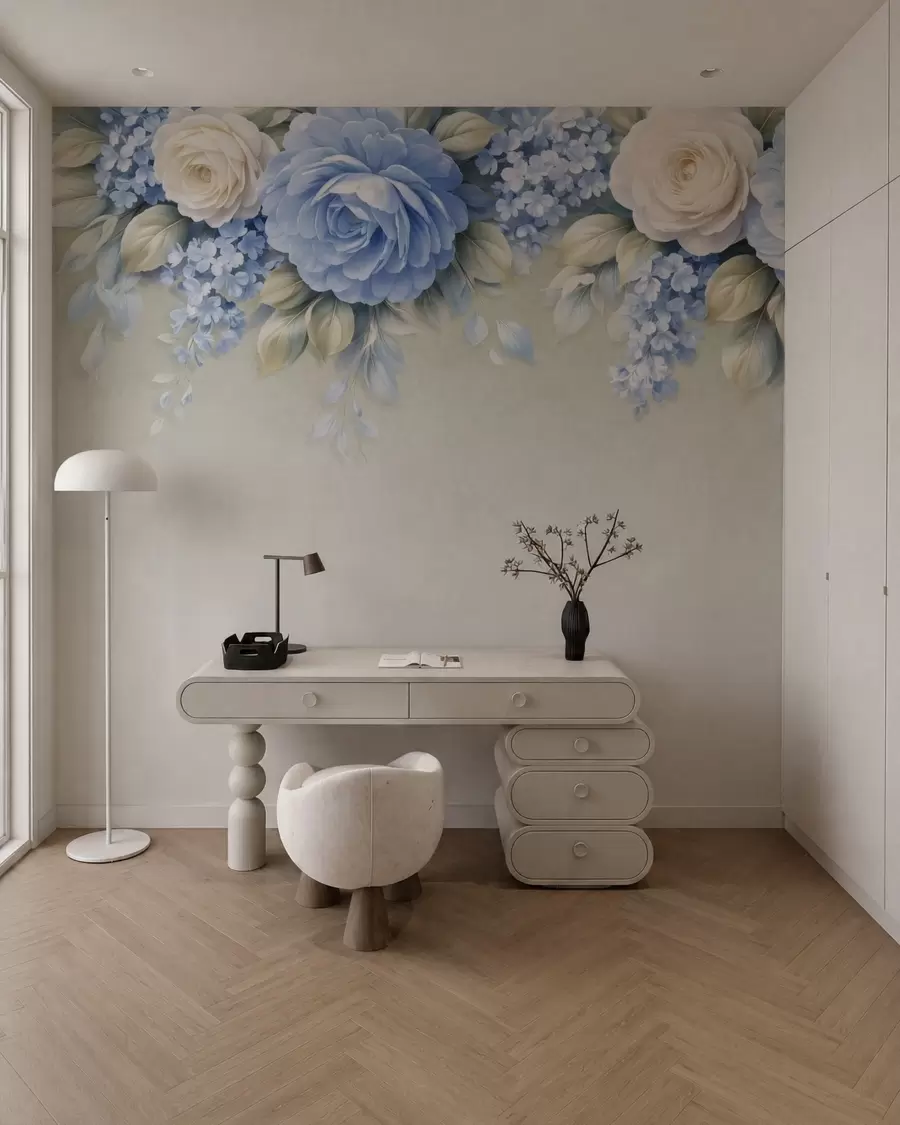 wall murals Delicate roses and floral clusters in a porcelain-inspired botanical composition with soft layered petals and elegant flowing leaves w05495