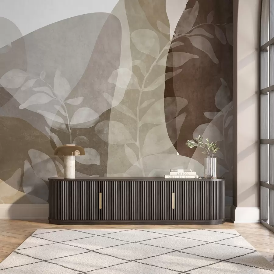 wall murals Abstract shapes in earthy tones overlap with transparent botanical elements, textured art w09865