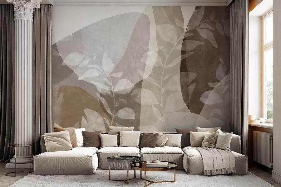 wall murals Abstract shapes in earthy tones overlap with transparent botanical elements, textured art w09865