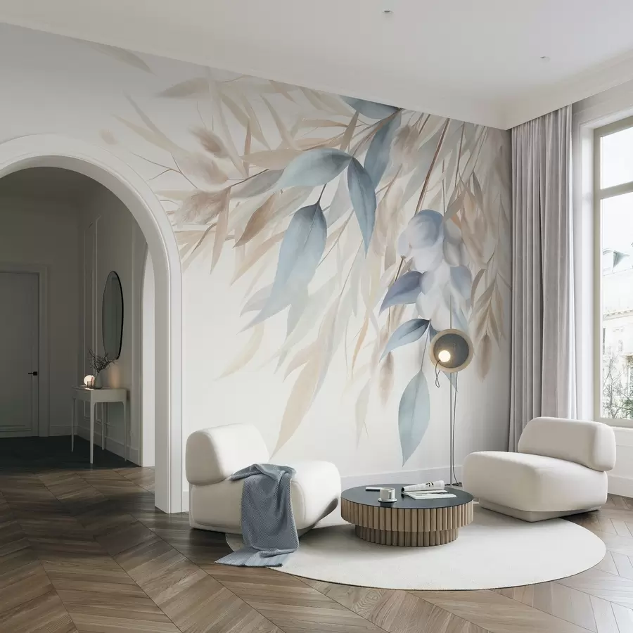 wall murals Textured dried grass, pampas grass and blue leaves, painted in a soft, watercolor style w09868
