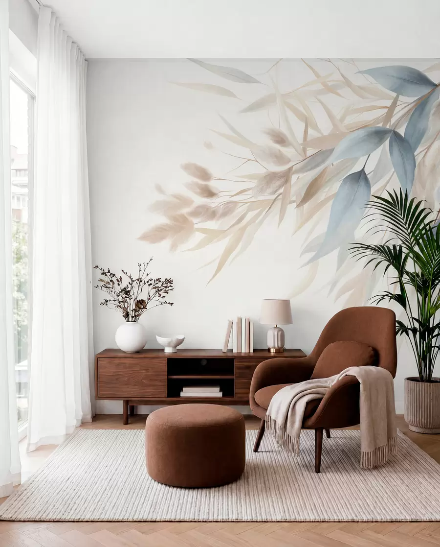 wall murals Textured dried grass, pampas grass and blue leaves, painted in a soft, watercolor style w09868