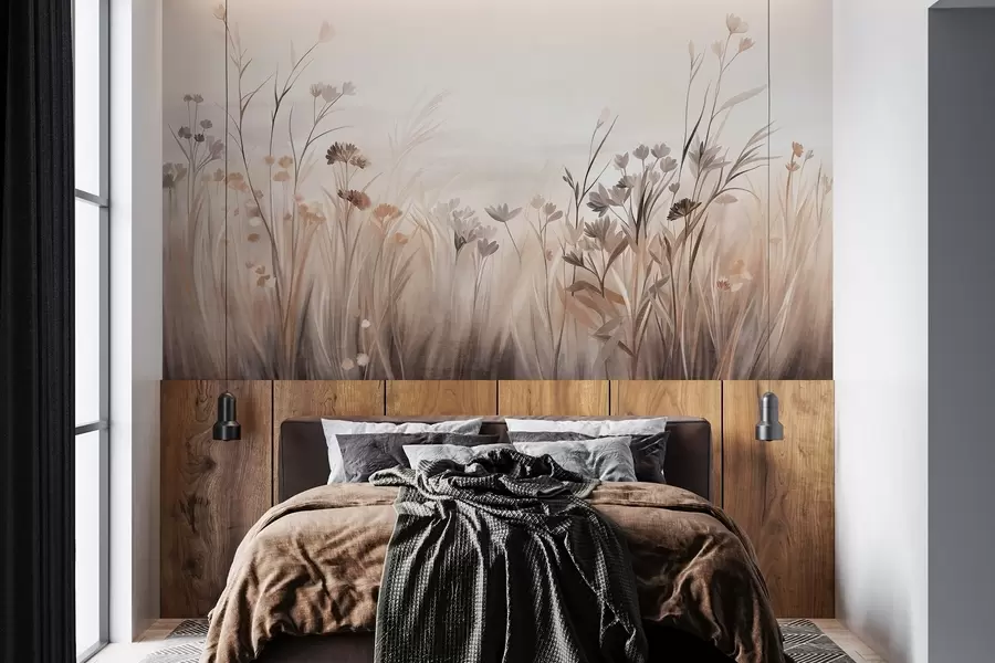 wall murals A field of wildflowers in muted brown and beige tones, with tall grasses and delicate blooms w09872
