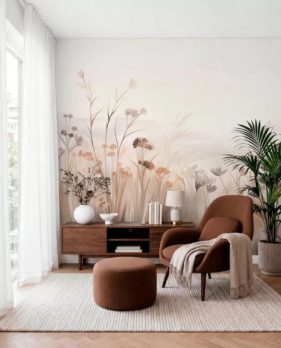 wall murals A field of wildflowers in muted brown and beige tones, with tall grasses and delicate blooms w09872