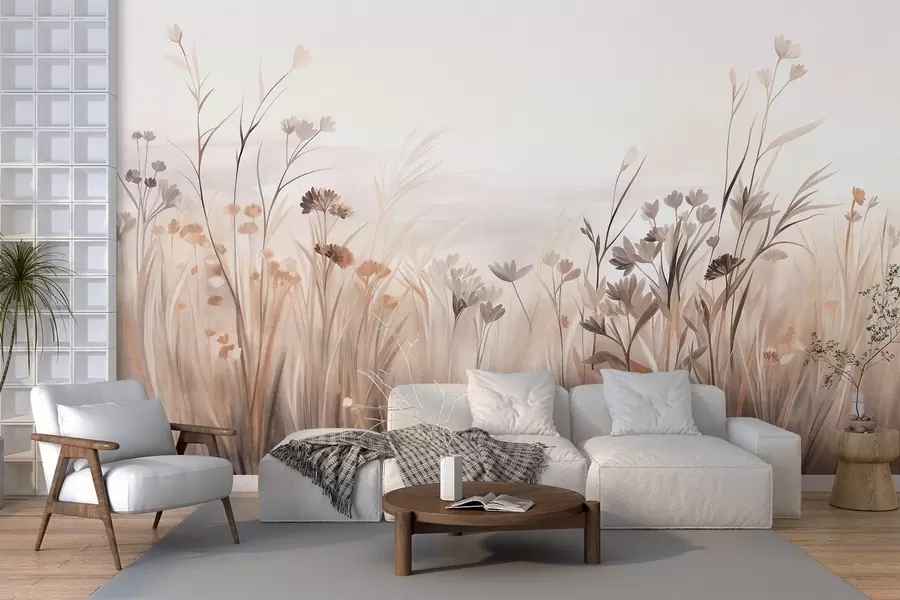 wall murals A field of wildflowers in muted brown and beige tones, with tall grasses and delicate blooms w09872