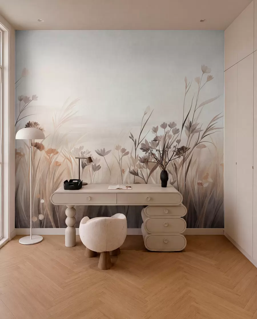 wall murals A field of wildflowers in muted brown and beige tones, with tall grasses and delicate blooms w09872