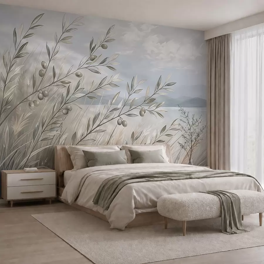 wall murals Olive branches among grasses by the lake w05536