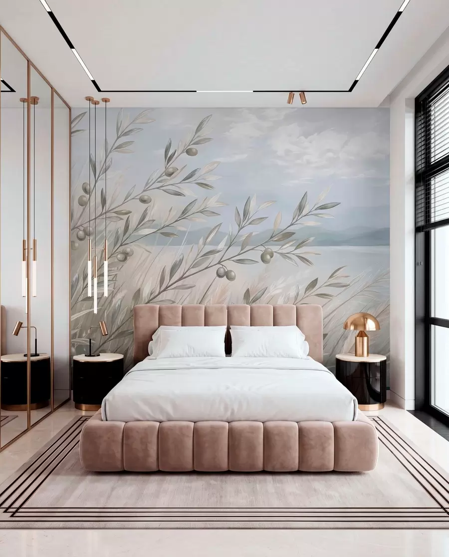 wall murals Olive branches among grasses by the lake w05536