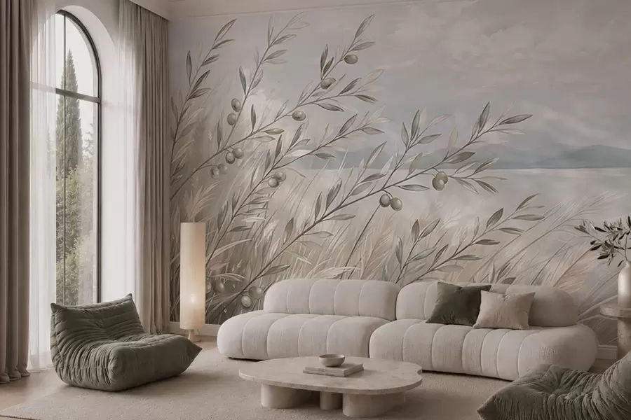 wall murals Olive branches among grasses by the lake w05536