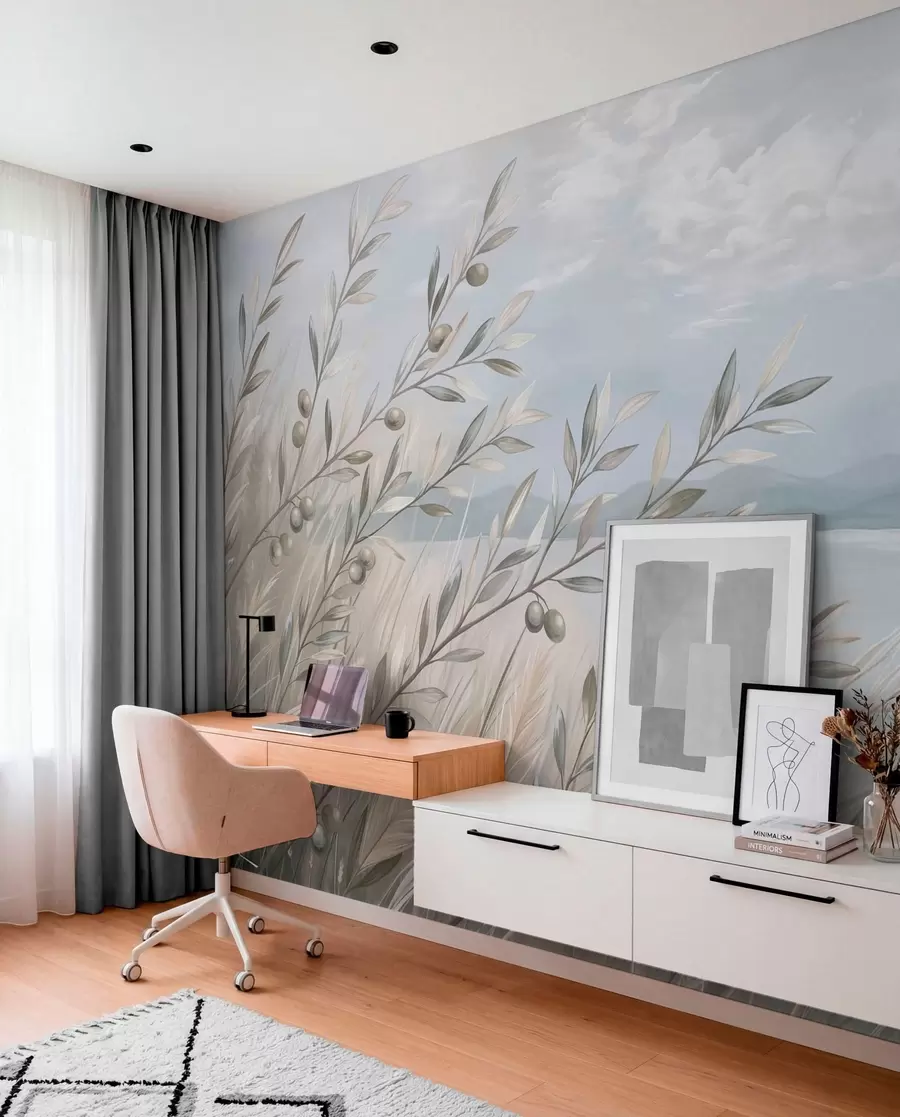 wall murals Olive branches among grasses by the lake w05536