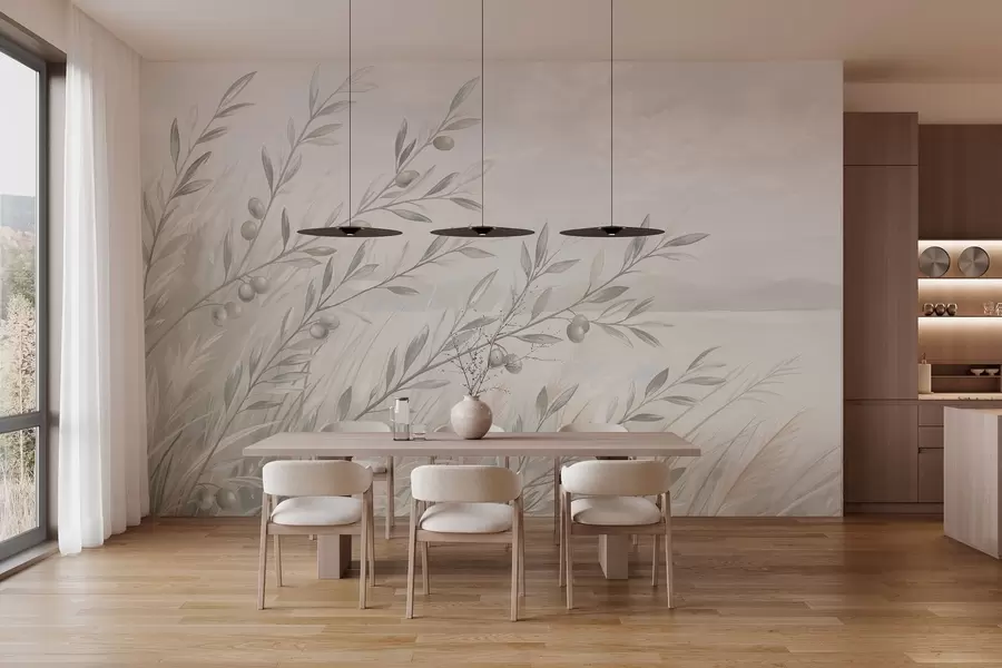 wall murals Pale olive branches by a calm lake w05536v1