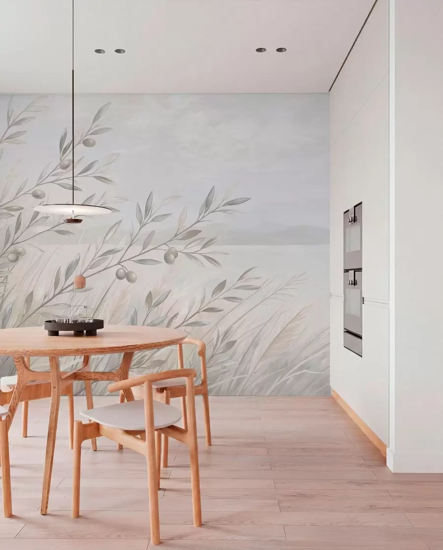 wall murals Pale olive branches by a calm lake w05536v1