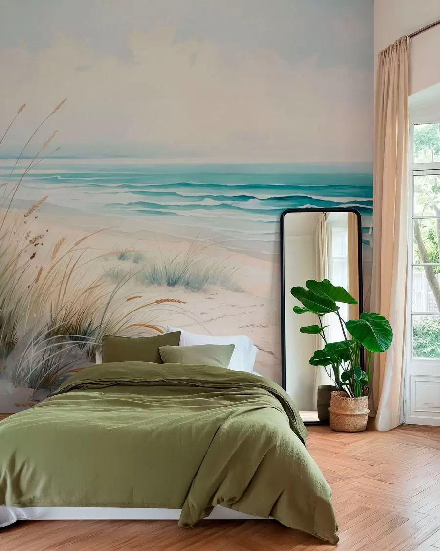 wall murals Sandy beach with waves and dunes w05537
