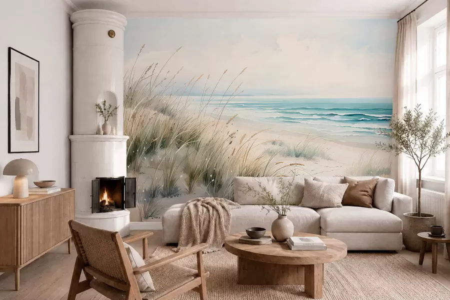 wall murals Sandy beach with waves and dunes w05537