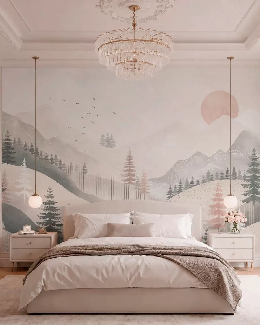 wall murals Minimal mountain landscape with pine trees w05626