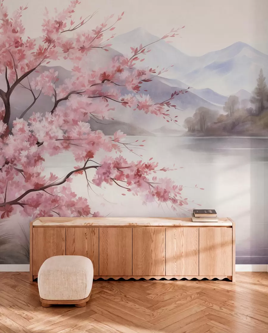 wall murals Landscape art, a tree with pink blossoms, a lake and misty mountains in the background w09870