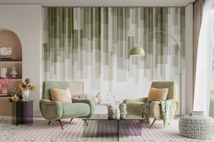 wall murals Textured vertical rectangles of varying transparency and shades of green, abstract art w09889