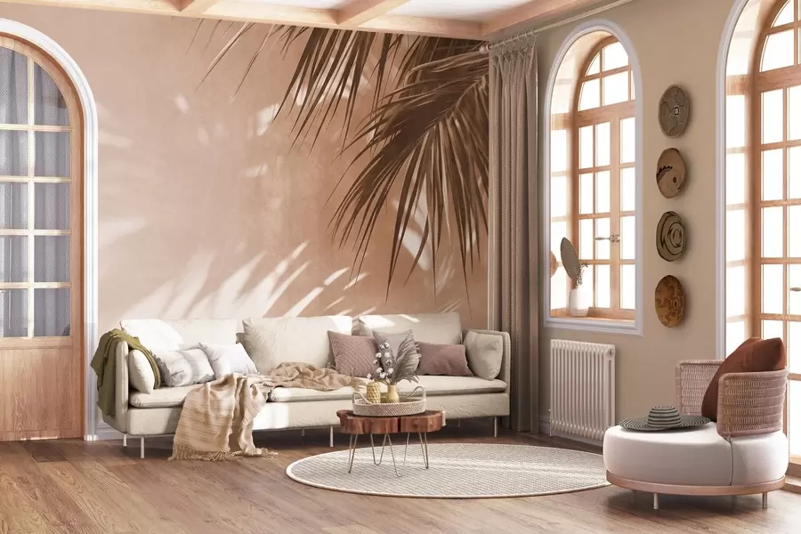 wall murals Textured palm leaves with shadows, a tropical atmosphere, minimalism w09890