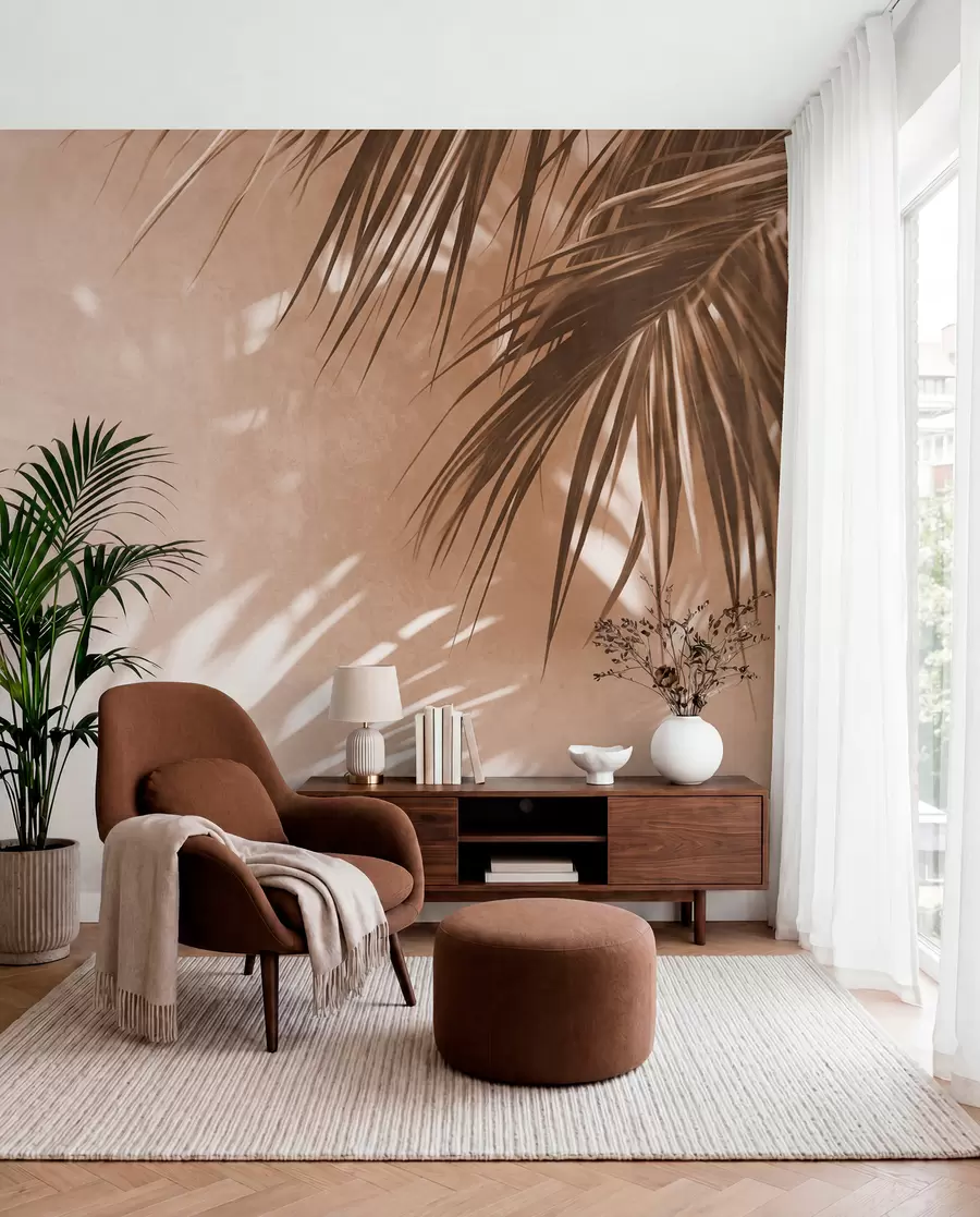 wall murals Textured palm leaves with shadows, a tropical atmosphere, minimalism w09890