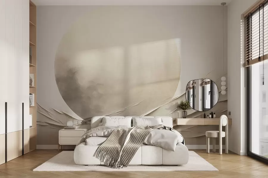 wall murals Abstract, wavy, cream-colored forms with a large, pale sphere, minimalist modern art w09895